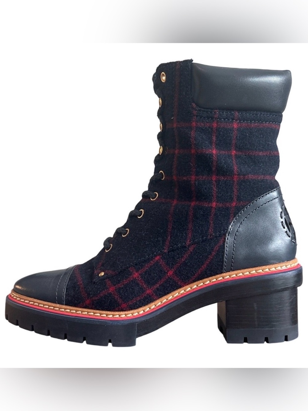 Tory Burch Miller 60261 Plaid Leather Combat Boots Lug Sole Navy Red 7.5
